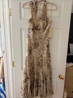 Jones New York Beige and Brown Halter-Style Printed Maxi Dress